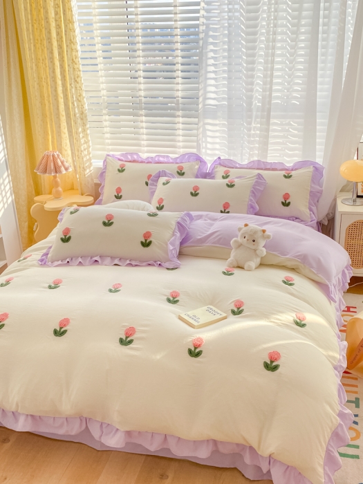 91家纺网 家纺一手货源 找家纺 AB家纺2023新款韩版水洗棉毛巾绣四件套-郁金香系列 郁金香白-紫