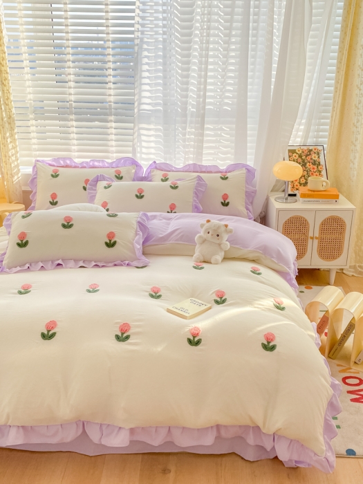 91家纺网 家纺一手货源 找家纺 AB家纺2023新款韩版水洗棉毛巾绣四件套-郁金香系列 郁金香白-紫