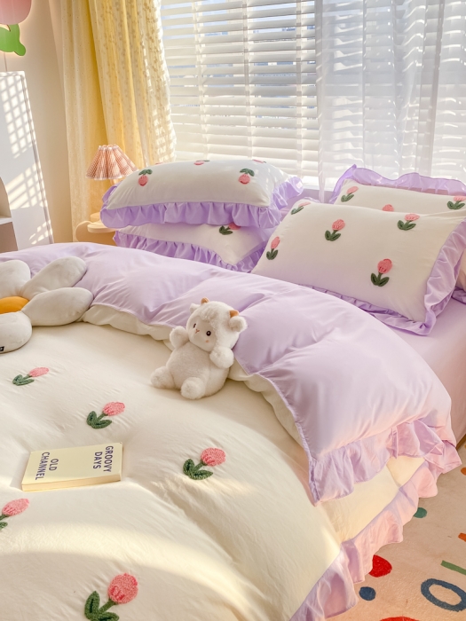 91家纺网 家纺一手货源 找家纺 AB家纺2023新款韩版水洗棉毛巾绣四件套-郁金香系列 郁金香白-紫