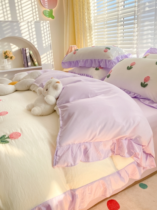 91家纺网 家纺一手货源 找家纺 AB家纺2023新款韩版水洗棉毛巾绣四件套-郁金香系列 郁金香白-紫