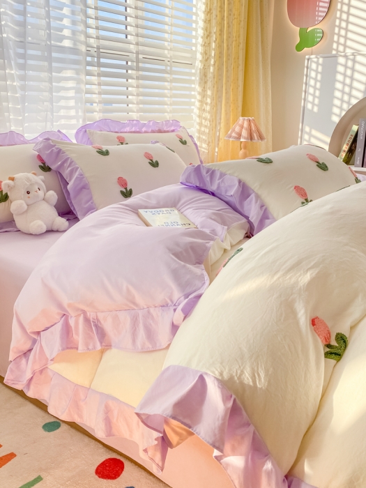 91家纺网 家纺一手货源 找家纺 AB家纺2023新款韩版水洗棉毛巾绣四件套-郁金香系列 郁金香白-紫