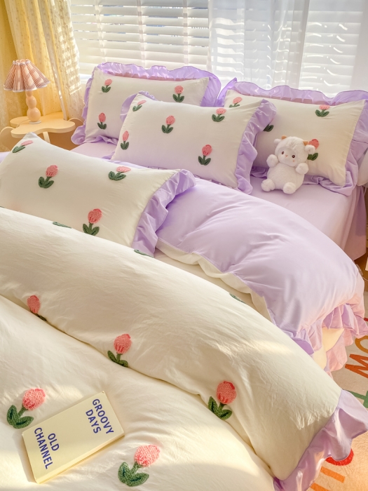 91家纺网 家纺一手货源 找家纺 AB家纺2023新款韩版水洗棉毛巾绣四件套-郁金香系列 郁金香白-紫