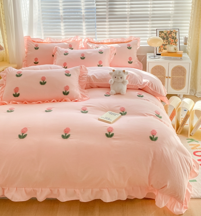 91家纺网 家纺一手货源 找家纺 AB家纺2023新款韩版水洗棉毛巾绣四件套-郁金香系列 郁金香粉玉