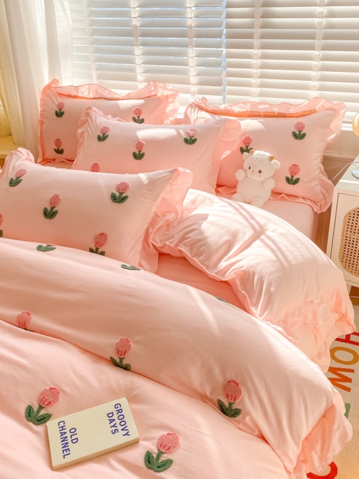 91家纺网 家纺一手货源 找家纺 AB家纺2023新款韩版水洗棉毛巾绣四件套-郁金香系列 郁金香粉玉