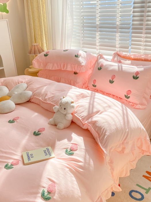 91家纺网 家纺一手货源 找家纺 AB家纺2023新款韩版水洗棉毛巾绣四件套-郁金香系列 郁金香粉玉