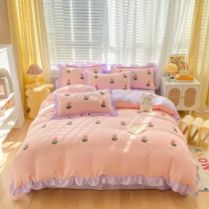 AB家纺2023新款韩版水洗棉毛巾绣四件套-郁金香系列 郁金香粉-紫