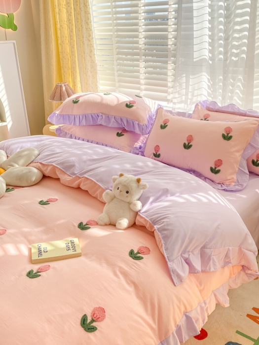 91家纺网 家纺一手货源 找家纺 AB家纺2023新款韩版水洗棉毛巾绣四件套-郁金香系列 郁金香粉-紫