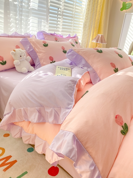 91家纺网 家纺一手货源 找家纺 AB家纺2023新款韩版水洗棉毛巾绣四件套-郁金香系列 郁金香粉-紫