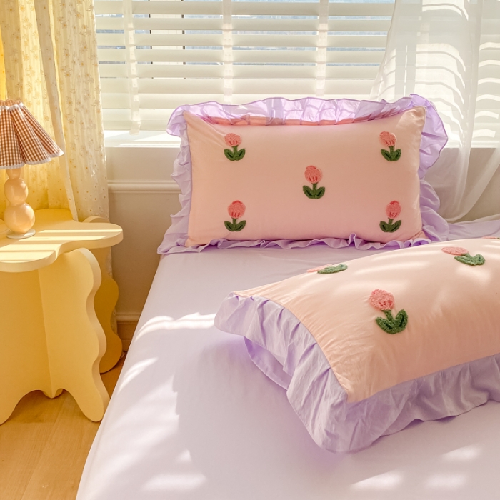 91家纺网 家纺一手货源 找家纺 AB家纺2023新款韩版水洗棉毛巾绣四件套-郁金香系列 郁金香粉-紫