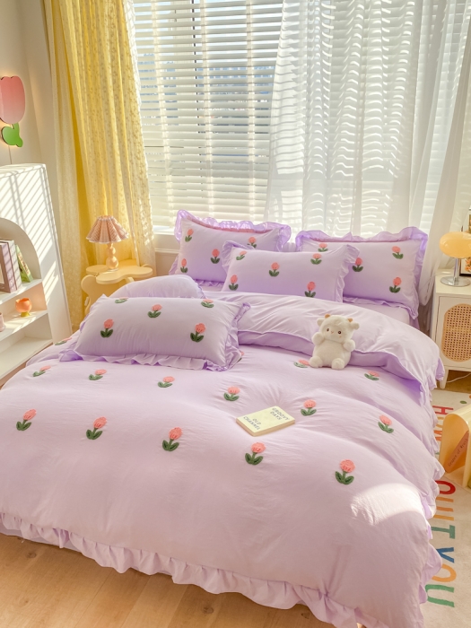 91家纺网 家纺一手货源 找家纺 AB家纺2023新款韩版水洗棉毛巾绣四件套-郁金香系列 郁金香裸紫