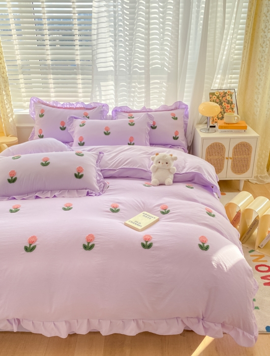 91家纺网 家纺一手货源 找家纺 AB家纺2023新款韩版水洗棉毛巾绣四件套-郁金香系列 郁金香裸紫