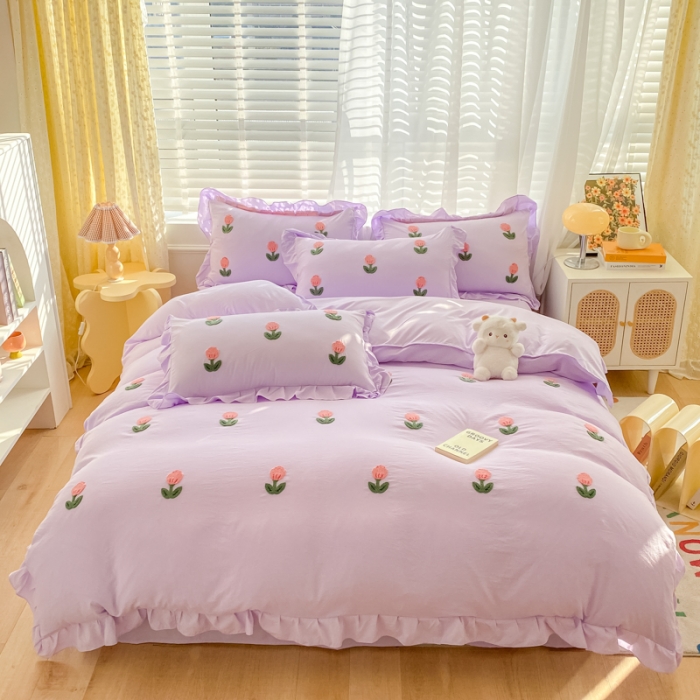 91家纺网 家纺一手货源 找家纺 AB家纺2023新款韩版水洗棉毛巾绣四件套-郁金香系列 郁金香裸紫