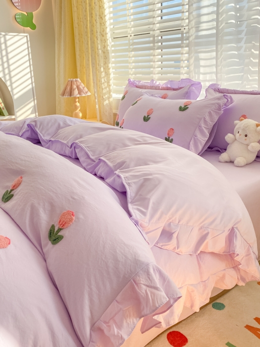 91家纺网 家纺一手货源 找家纺 AB家纺2023新款韩版水洗棉毛巾绣四件套-郁金香系列 郁金香裸紫