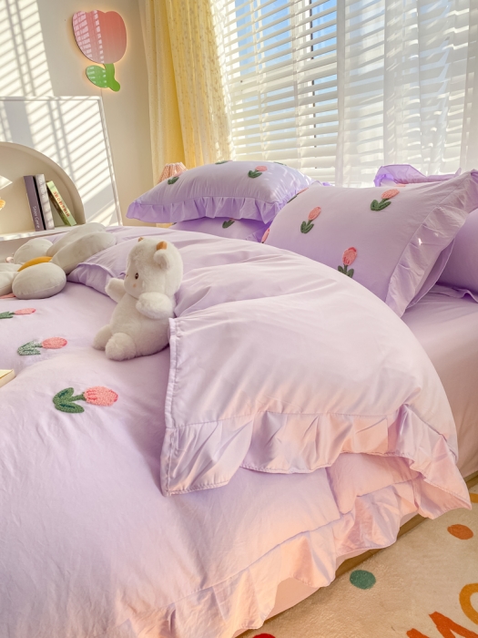 91家纺网 家纺一手货源 找家纺 AB家纺2023新款韩版水洗棉毛巾绣四件套-郁金香系列 郁金香裸紫