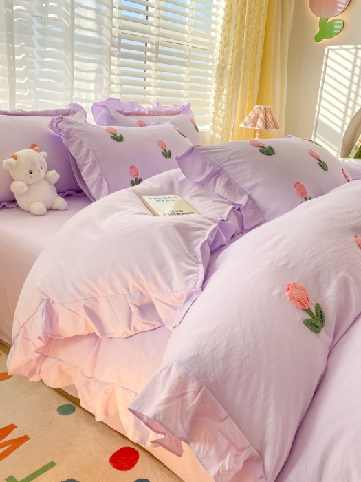 91家纺网 家纺一手货源 找家纺 AB家纺2023新款韩版水洗棉毛巾绣四件套-郁金香系列 郁金香裸紫