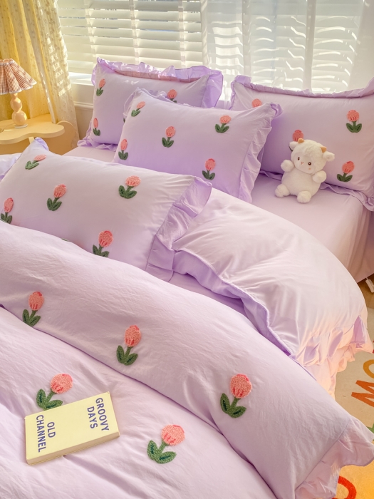 91家纺网 家纺一手货源 找家纺 AB家纺2023新款韩版水洗棉毛巾绣四件套-郁金香系列 郁金香裸紫