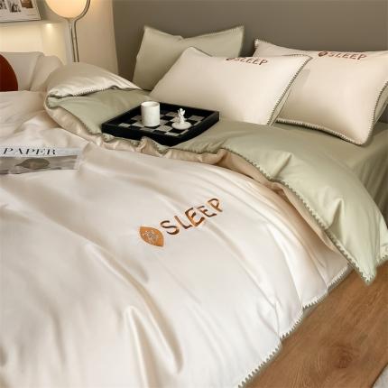 91家纺网 家纺一手货源 找家纺 慕色 2023新纯棉全棉三角针贝壳边刺绣四件套梦系列 梦-奶昔白+果绿