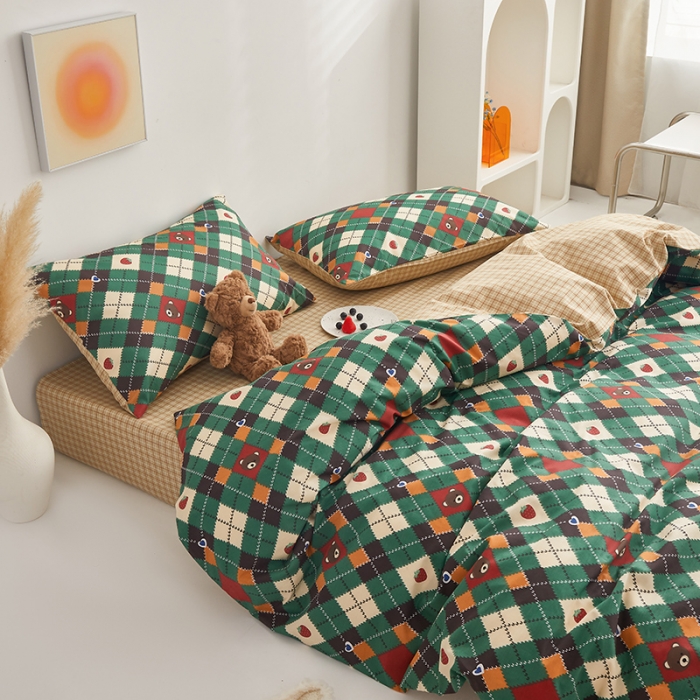 91家纺网 家纺一手货源 找家纺 绫韵家纺 2023新款全棉13772ins小清新印花纯棉四件套 菱格熊