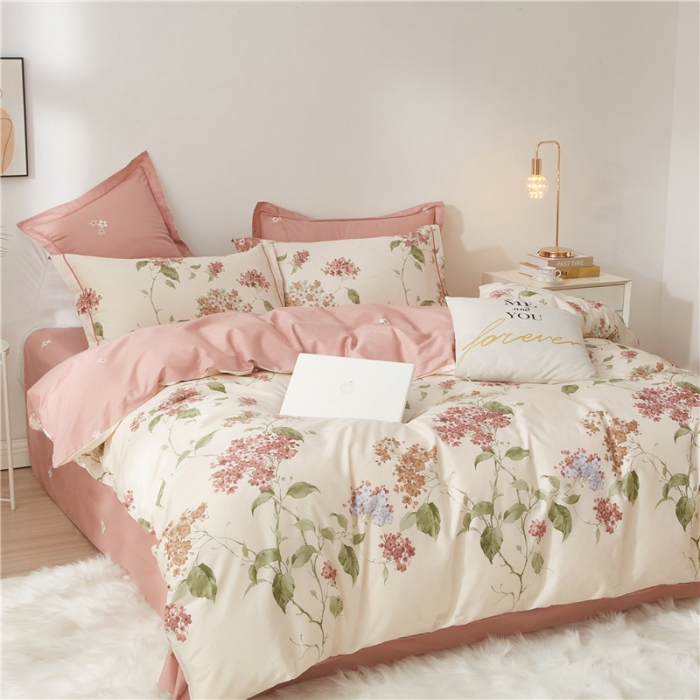 91家纺网 家纺一手货源 找家纺 沐白家居 2023全棉13376全棉印花四件套 南枝-粉