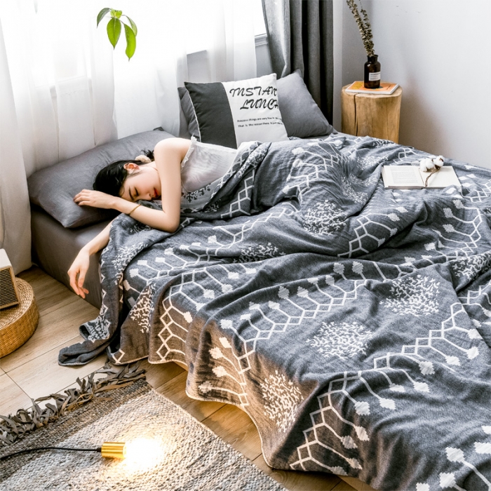 91家纺网 家纺一手货源 找家纺 朴尔2023爆款三层水洗棉全棉纱布毛巾被 印第安-灰