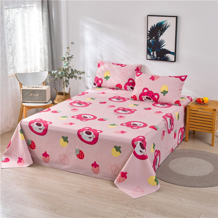 91家纺网 家纺一手货源 找家纺 韩后2025新款粗布印花床单枕套三件套草莓熊