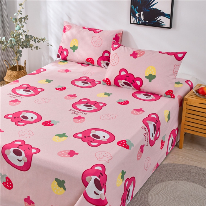 91家纺网 家纺一手货源 找家纺 韩后2025新款粗布印花床单枕套三件套草莓熊