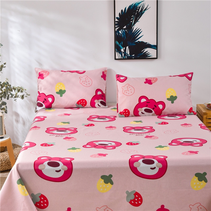 91家纺网 家纺一手货源 找家纺 韩后2025新款粗布印花床单枕套三件套草莓熊