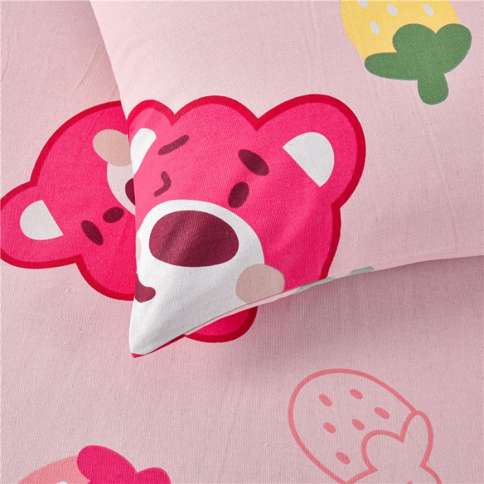 91家纺网 家纺一手货源 找家纺 韩后2025新款粗布印花床单枕套三件套草莓熊