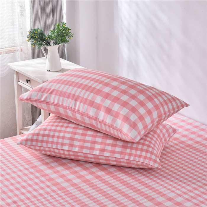 91家纺网 家纺一手货源 找家纺 韩后2025新款粗布印花床单枕套三件套粉小格