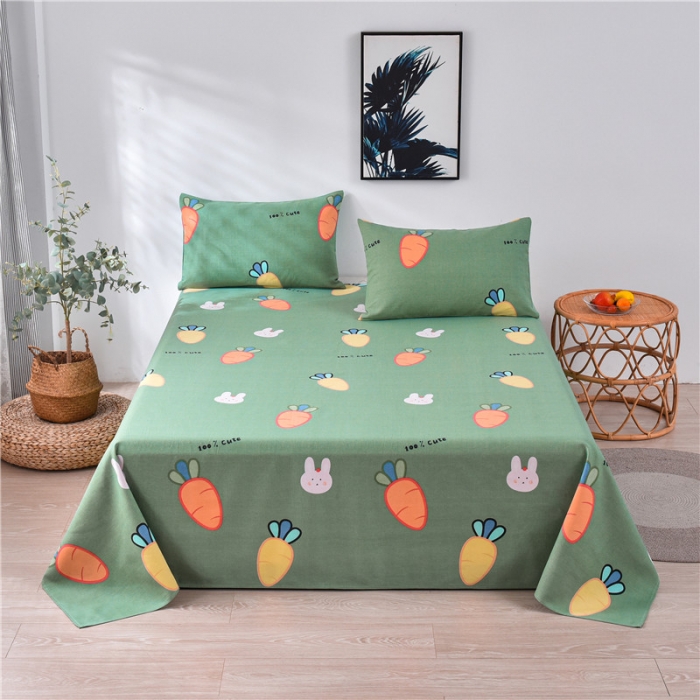 91家纺网 家纺一手货源 找家纺 韩后2025新款粗布印花床单枕套三件套胡萝卜兔-绿