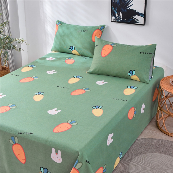 91家纺网 家纺一手货源 找家纺 韩后2025新款粗布印花床单枕套三件套胡萝卜兔-绿