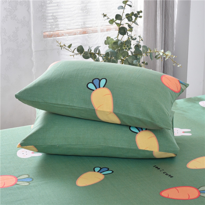 91家纺网 家纺一手货源 找家纺 韩后2025新款粗布印花床单枕套三件套胡萝卜兔-绿