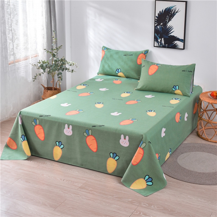 91家纺网 家纺一手货源 找家纺 韩后2025新款粗布印花床单枕套三件套胡萝卜兔-绿