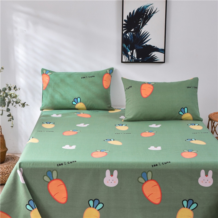 91家纺网 家纺一手货源 找家纺 韩后2025新款粗布印花床单枕套三件套胡萝卜兔-绿