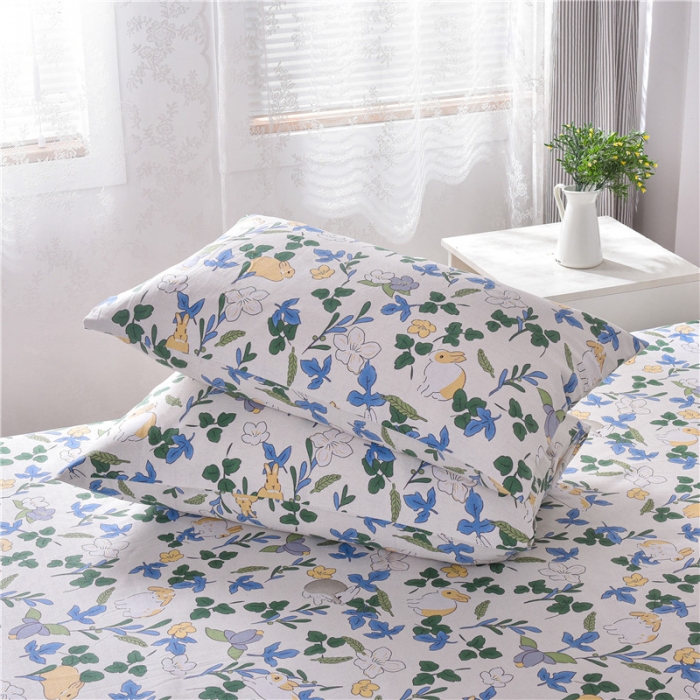 91家纺网 家纺一手货源 找家纺 韩后2025新款粗布印花床单枕套三件套花间兔