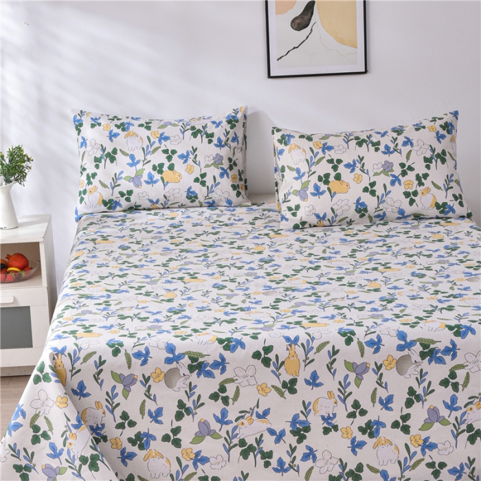 91家纺网 家纺一手货源 找家纺 韩后2025新款粗布印花床单枕套三件套花间兔