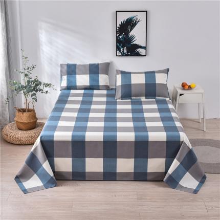 91家纺网 家纺一手货源 找家纺 韩后2025新款粗布印花床单枕套三件套蓝大格