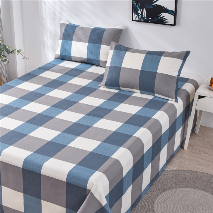 91家纺网 家纺一手货源 找家纺 韩后2025新款粗布印花床单枕套三件套蓝大格