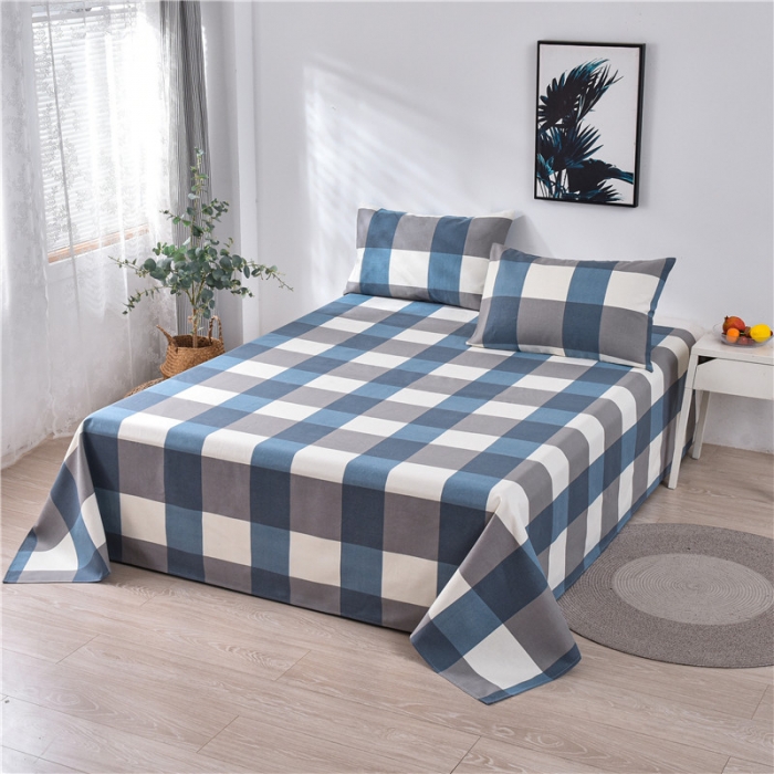 91家纺网 家纺一手货源 找家纺 韩后2025新款粗布印花床单枕套三件套蓝大格