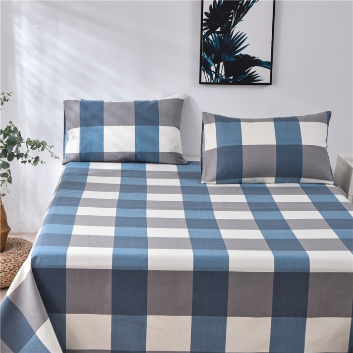 91家纺网 家纺一手货源 找家纺 韩后2025新款粗布印花床单枕套三件套蓝大格