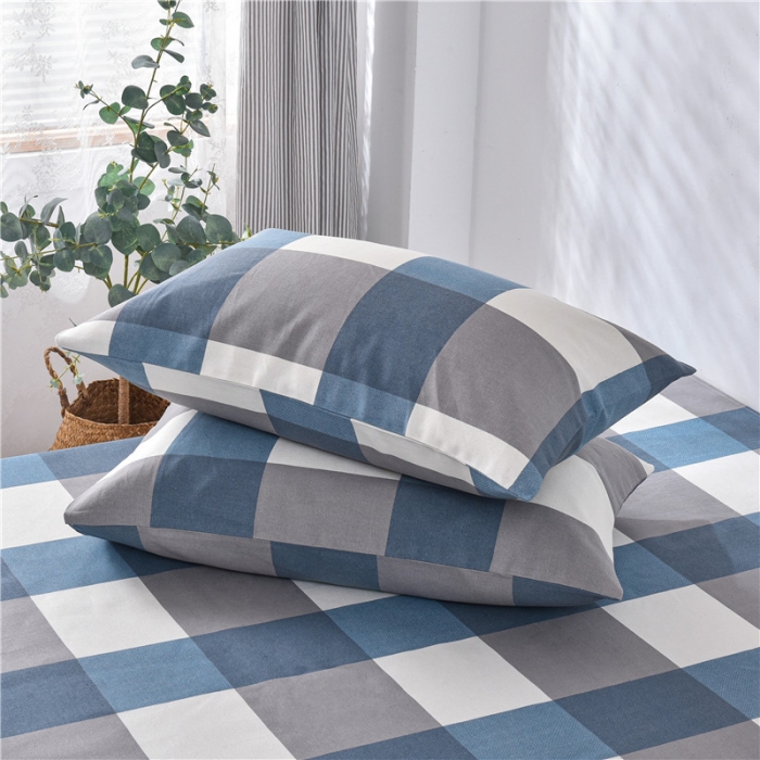 91家纺网 家纺一手货源 找家纺 韩后2025新款粗布印花床单枕套三件套蓝大格