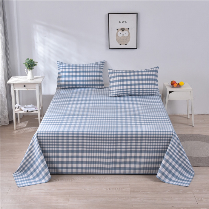 91家纺网 家纺一手货源 找家纺 韩后2025新款粗布印花床单枕套三件套蓝小格