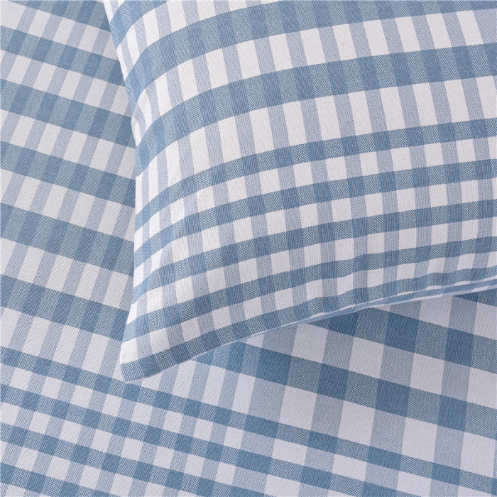 91家纺网 家纺一手货源 找家纺 韩后2025新款粗布印花床单枕套三件套蓝小格