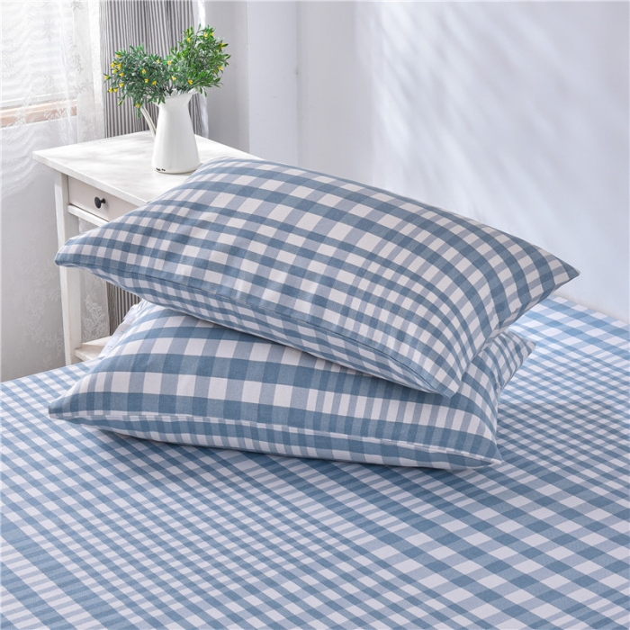 91家纺网 家纺一手货源 找家纺 韩后2025新款粗布印花床单枕套三件套蓝小格