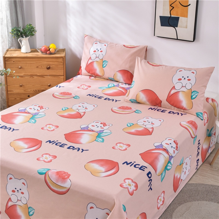 91家纺网 家纺一手货源 找家纺 韩后2025新款粗布印花床单枕套三件套蜜桃兔