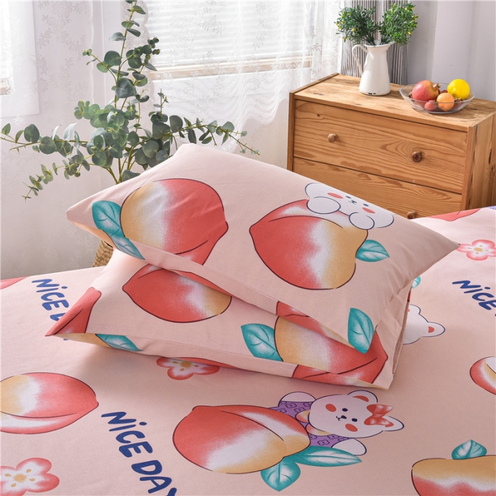 91家纺网 家纺一手货源 找家纺 韩后2025新款粗布印花床单枕套三件套蜜桃兔