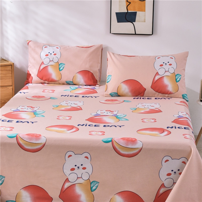 91家纺网 家纺一手货源 找家纺 韩后2025新款粗布印花床单枕套三件套蜜桃兔