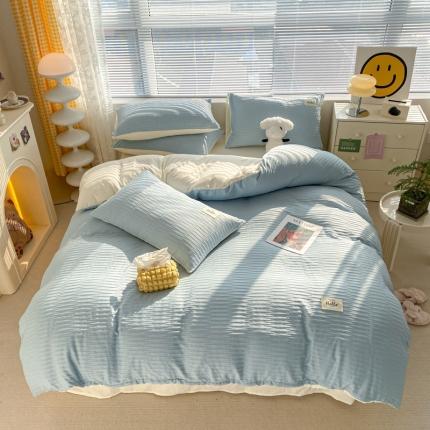 91家纺网 家纺一手货源 找家纺 （总）雨帆家纺 2023新款波纹系列泡泡纱条纹四件套