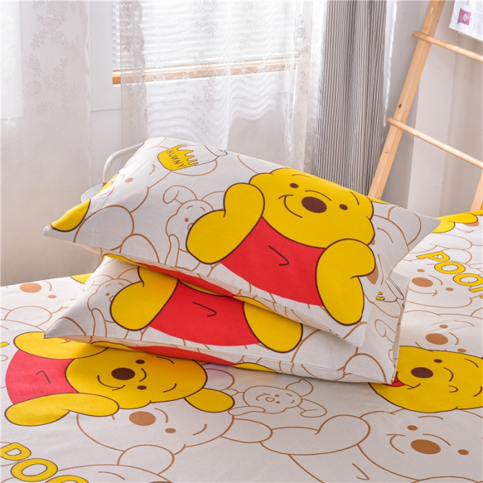 91家纺网 家纺一手货源 找家纺 韩后2025新款粗布印花床单枕套三件套维尼小熊