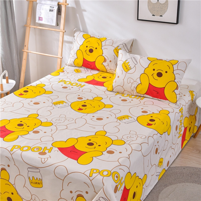 91家纺网 家纺一手货源 找家纺 韩后2025新款粗布印花床单枕套三件套维尼小熊